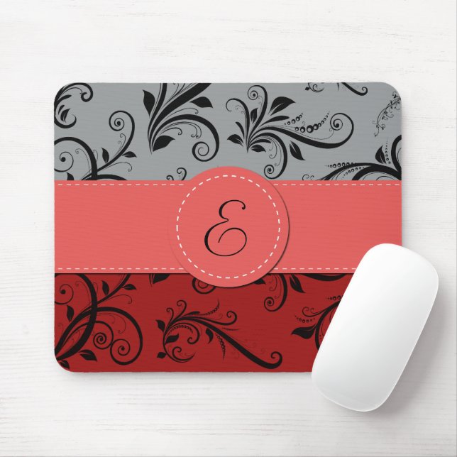 Damask Pattern, Gray Damask, Red Damask, Monogram Mouse Pad (With Mouse)