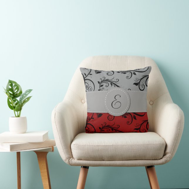 Damask Pattern, Gray Damask, Red Damask, Monogram Throw Pillow (Chair)