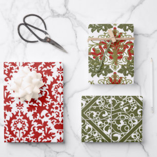 Damask Pattern Green Red White Christmas Wrapping Paper Sheets