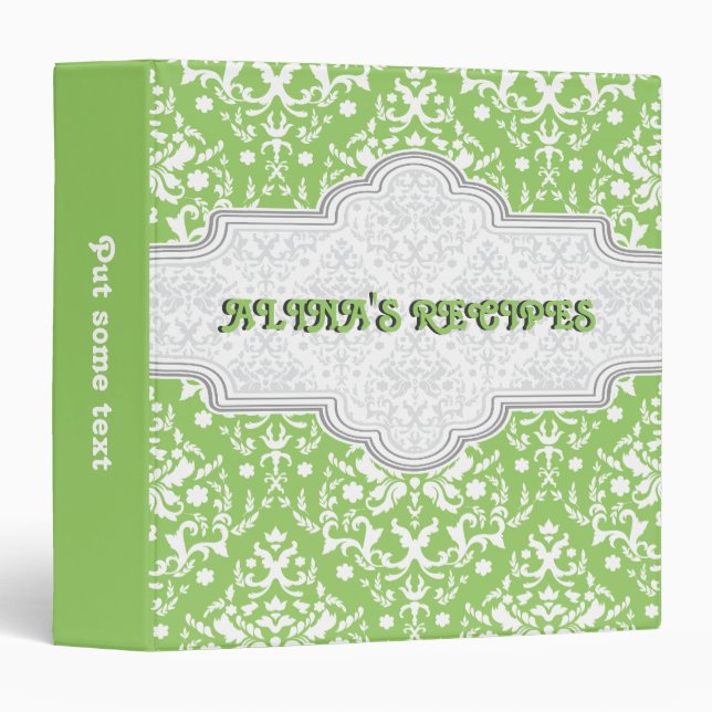 Damask pattern green, white & grey frame recipe binder (Front/Spine)