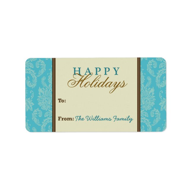 Damask Pattern Holiday Gift Tag (aqua/brown) (Front)
