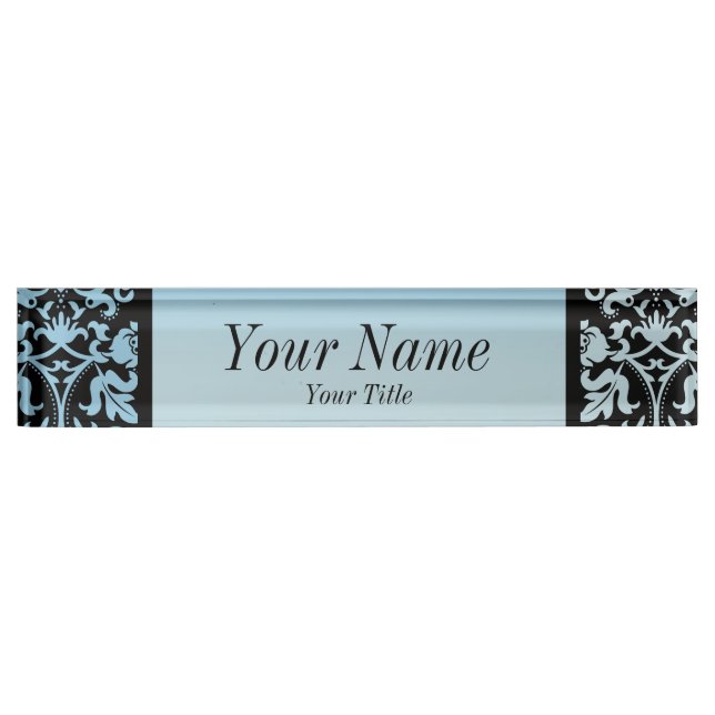 Damask Pattern in Aqua Blue and Black | DIY Text Desk Name Plate (Front)