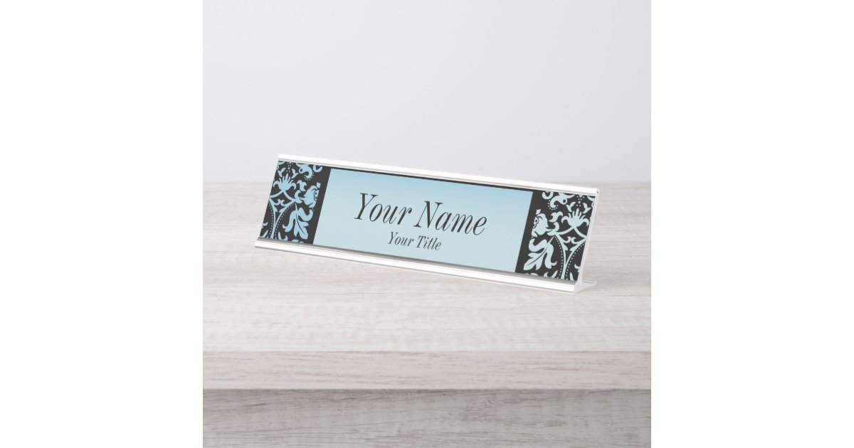 Damask Pattern In Aqua Blue And Black Diy Text Desk Name Plate