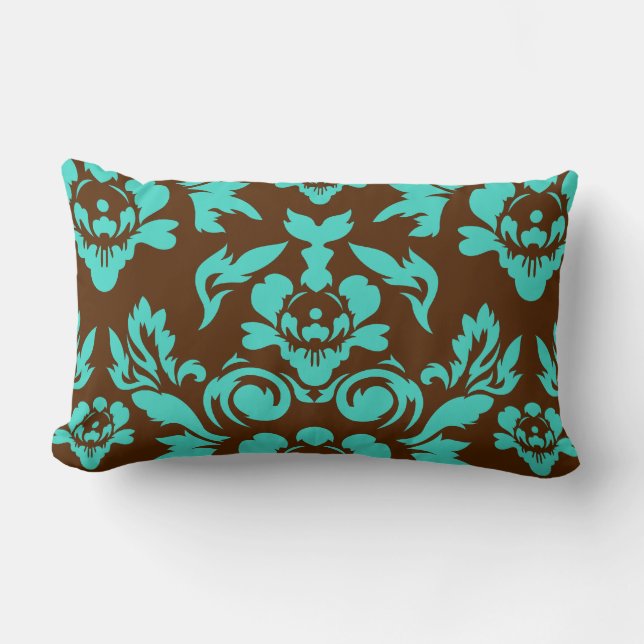 Damask Pattern in Brown & Turquoise Lumbar Pillow (Front)