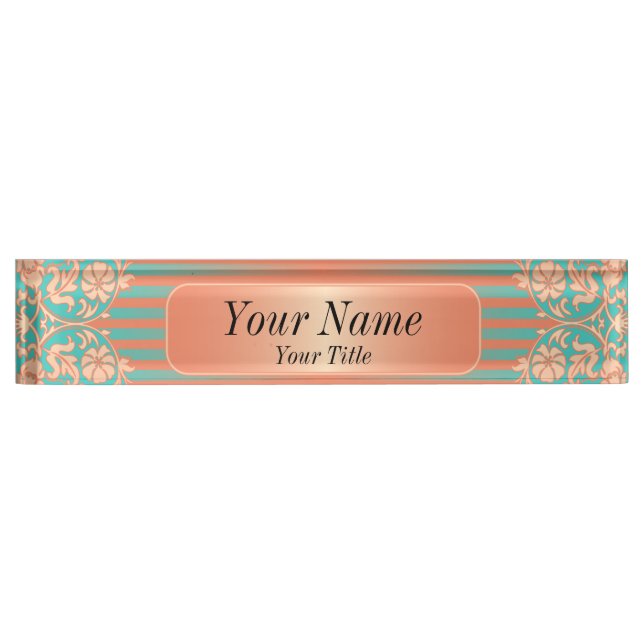 Damask Pattern in Coral & Teal | DIY Text Name Plate (Front)