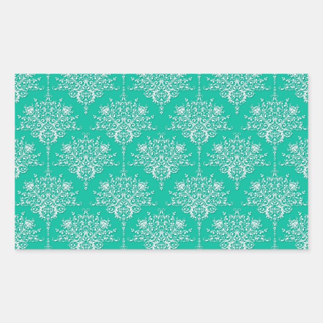 Damask Pattern in Minty Teal Green and White Rectangular Sticker (Front)