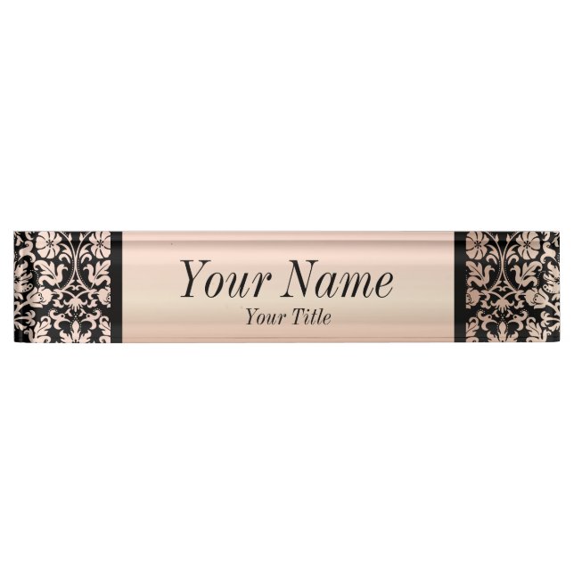 Damask Pattern in Pink Rose and Black | DIY Text Name Plate (Front)