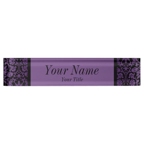 Damask Pattern in Purple  Black  DIY Text Desk Name Plate