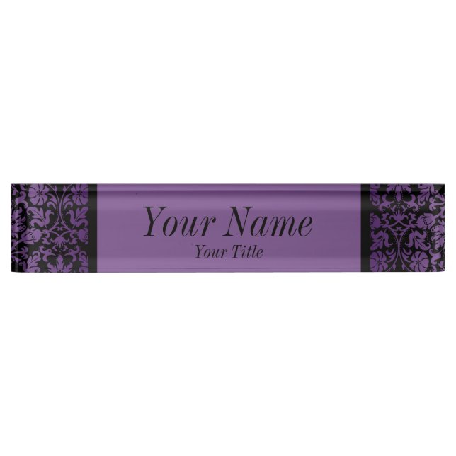 Damask Pattern in Purple & Black | DIY Text Desk Name Plate (Front)