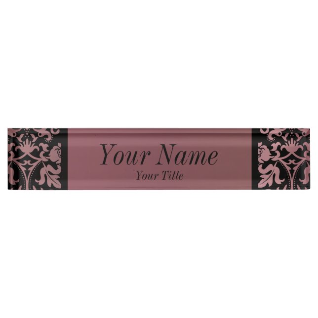 Damask Pattern in Rose Gold and Black | DIY Text Desk Name Plate (Front)