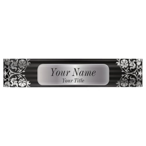 Damask Pattern in Silver Gray  Black  DIY Text Desk Name Plate