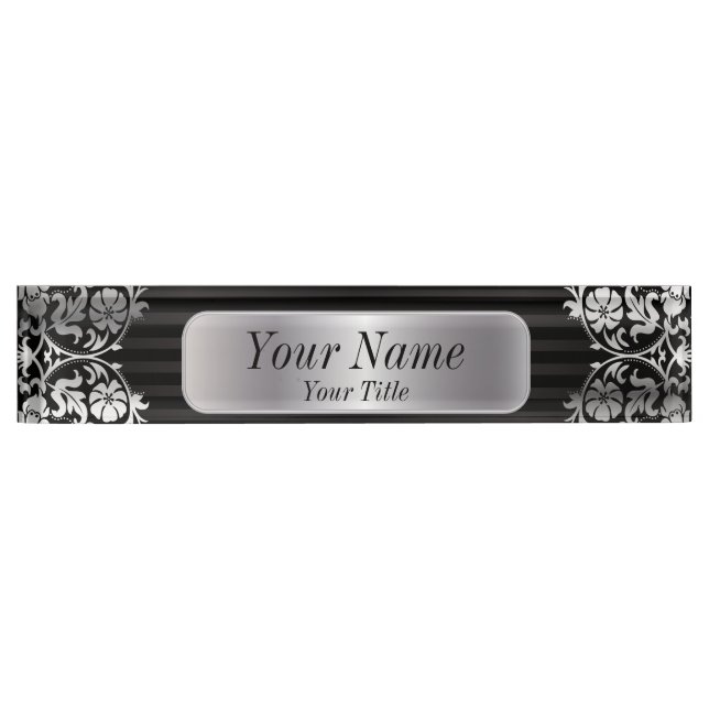 Damask Pattern in Silver Gray & Black | DIY Text Desk Name Plate (Front)