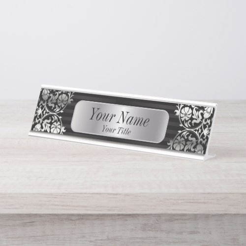 Damask Pattern in Silver Gray  Black  DIY Text Desk Name Plate