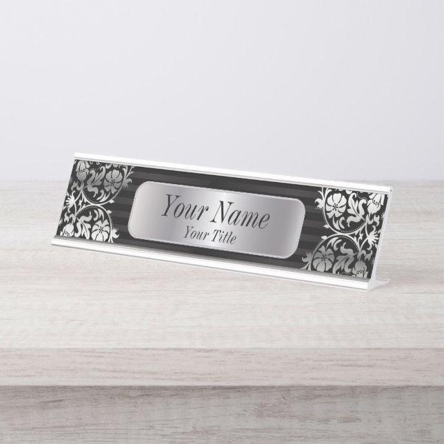 Damask Pattern in Silver Gray & Black | DIY Text Desk Name Plate (Front)