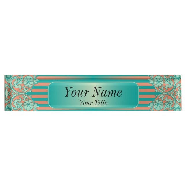 Damask Pattern in Teal & Coral | DIY Text Nameplate (Front)