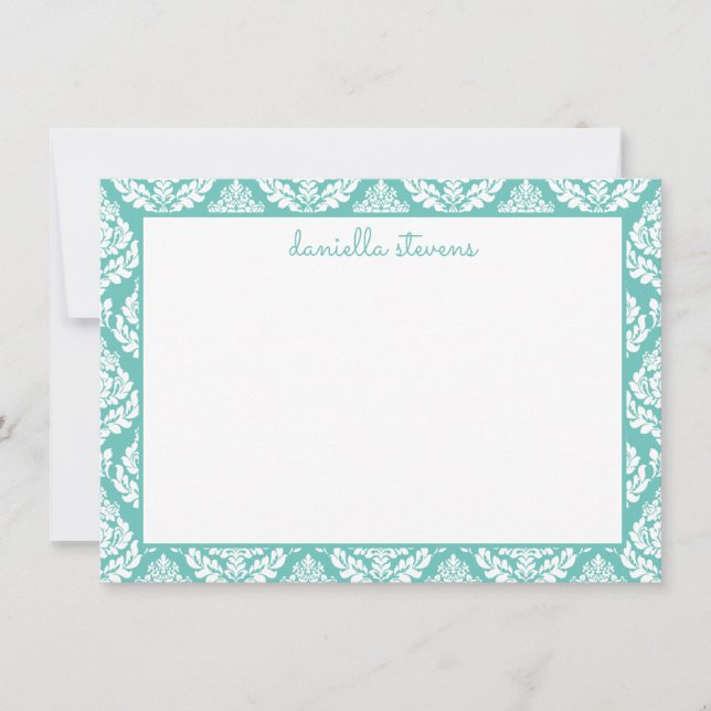 Damask Pattern Mint Greeen Personalized Flat Note Card (Front)