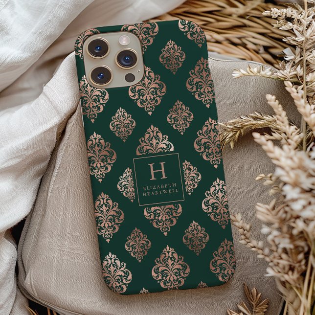 Damask Pattern Monogram Rose Gold Emerald Green Case-Mate iPhone Case (Creator Uploaded)