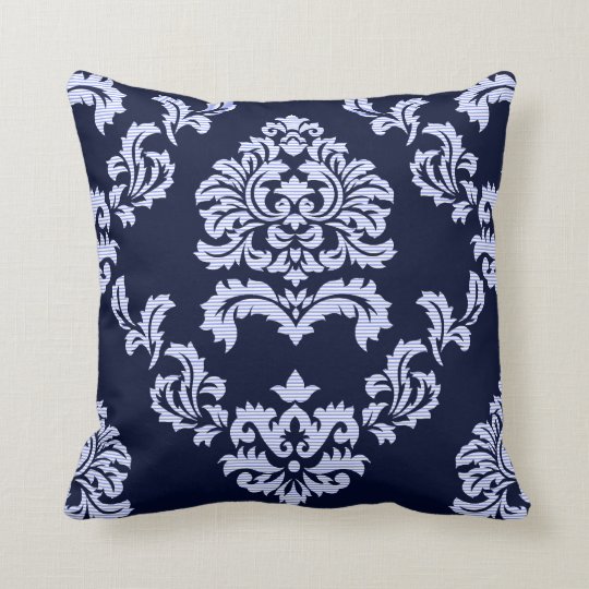 Damask Pattern Navy Blue and Light Blue Stripe Throw Pillow