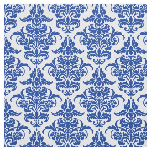 Damask Pattern - Navy Blue on White Fabric