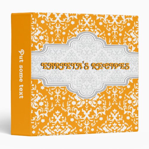 Damask pattern orange white  grey  frame recipe 3 ring binder