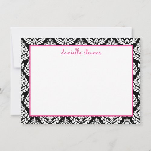 Damask Pattern Pink and Black Personalized Flat Note Card