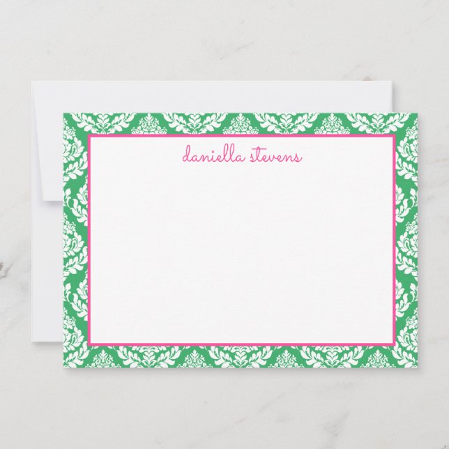 Damask Pattern Pink and Green Personalized Flat Note Card (Front)