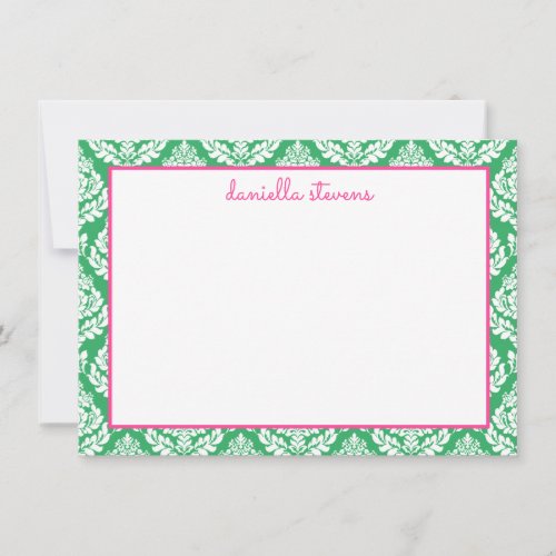 Damask Pattern Pink and Green Personalized Flat Note Card
