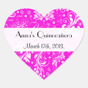 Damask Pattern, Pink Damask, Quinceanera Heart Sticker