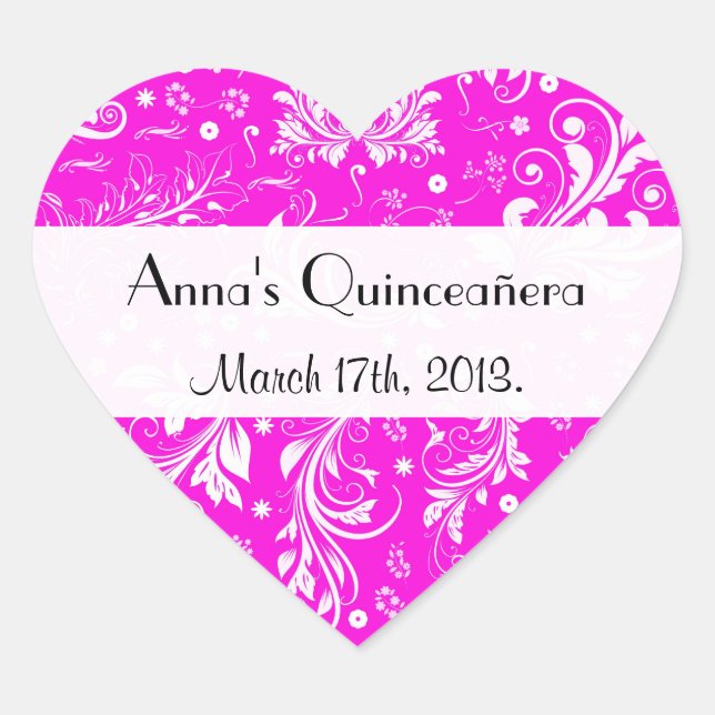 Damask Pattern, Pink Damask, Quinceanera Heart Sticker (Front)