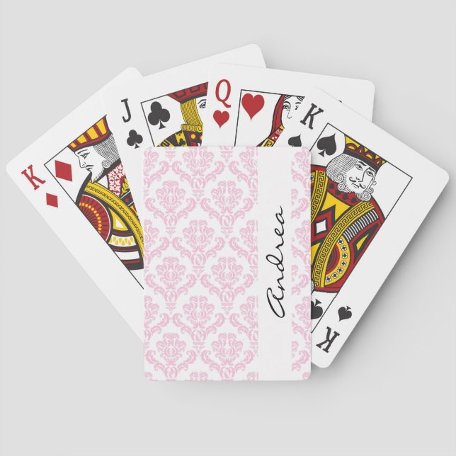 Damask Pattern, Pink Damask, Your Name Poker Cards (Back)