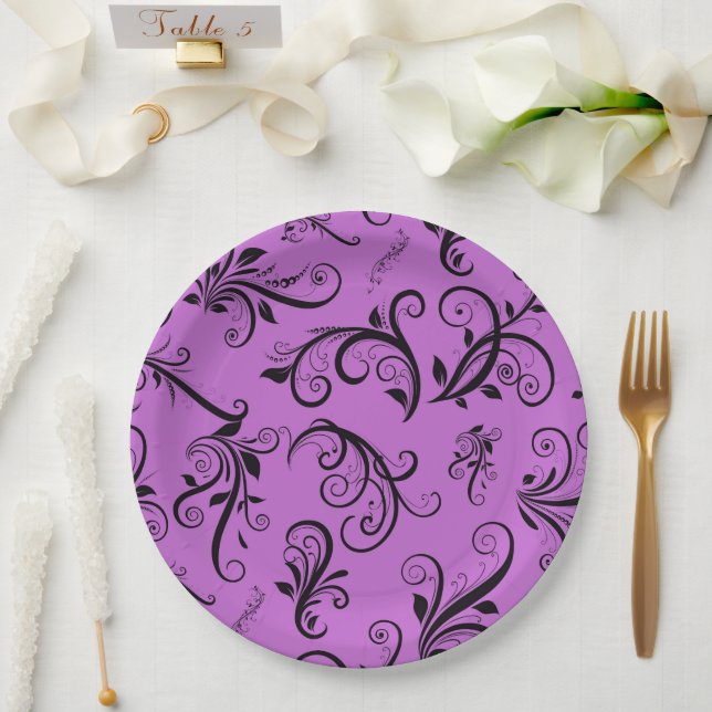 Damask Pattern, Purple Damask, French Damask Paper Plates (Wedding)