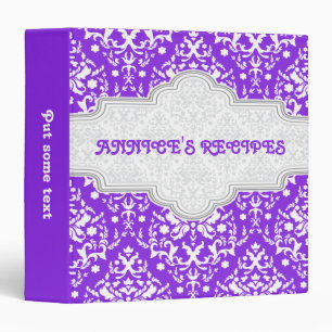 Damask pattern purple, white & grey frame recipe 3 ring binder