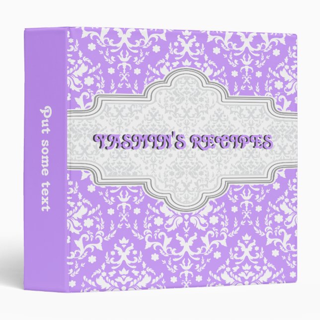 Damask pattern purple, white & grey frame recipe 3 ring binder (Front/Spine)