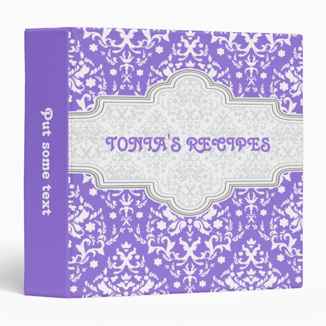 Damask pattern purple, white & grey frame recipe 3 ring binder (Front/Spine)