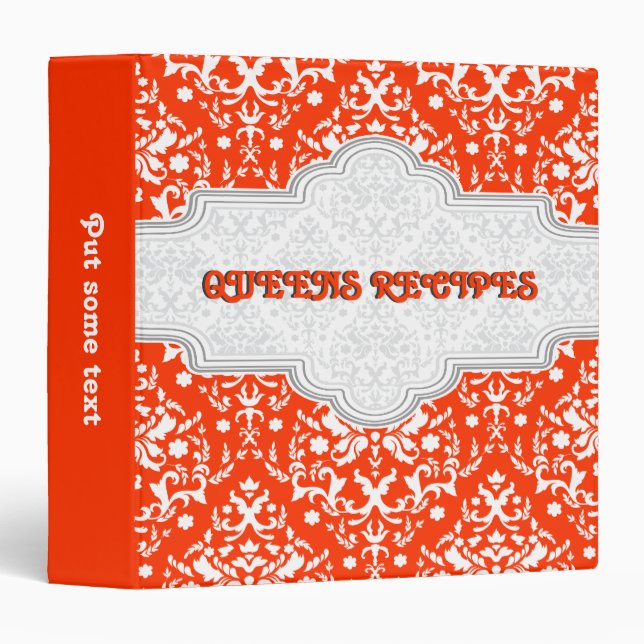 Damask pattern red, white & grey  frame recipe binder (Front/Spine)