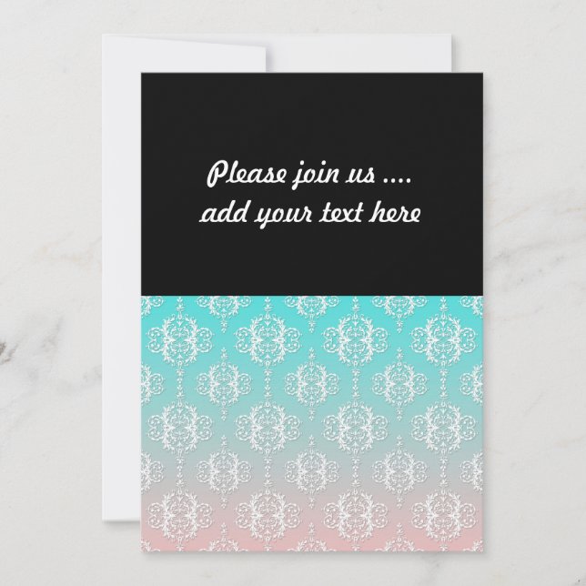 Damask Pattern White over Pink blended to Teal Invitation (Front)