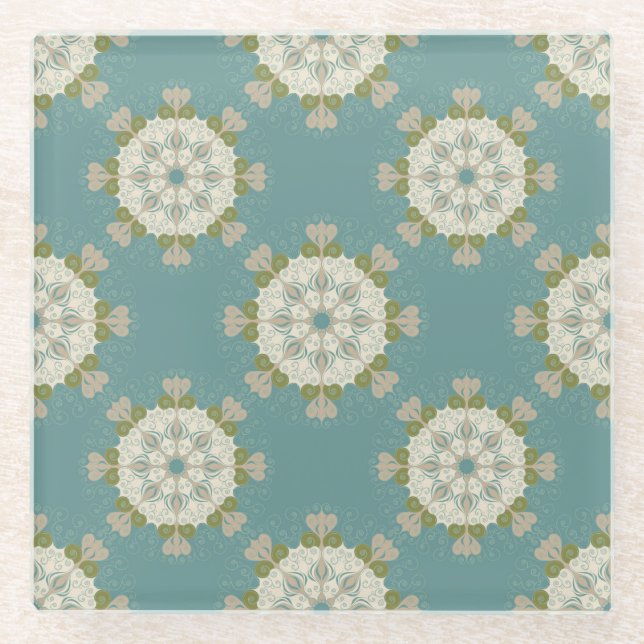 Damask pattern with abstract elements glass coaster (Front)