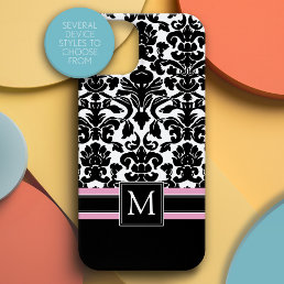 Damask Pattern with Black Pink Monogram iPhone 15 Case