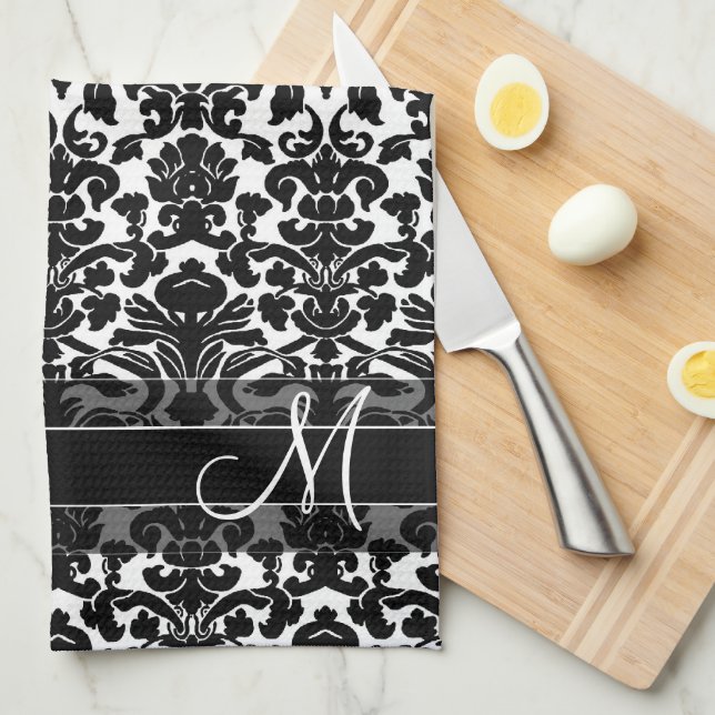 Damask Pattern with Monogram - Black and White Towel (Quarter Fold)
