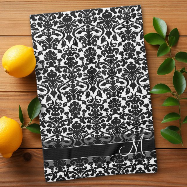 Damask Pattern with Monogram - Black and White Towel (Custom Kitchen Towel)