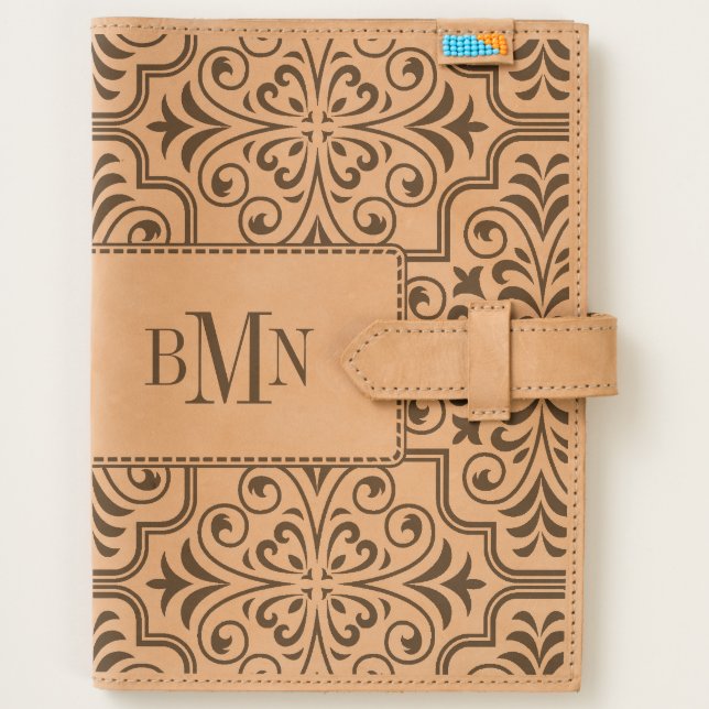 Damask pattern with monogram handmade leather journal (Front)