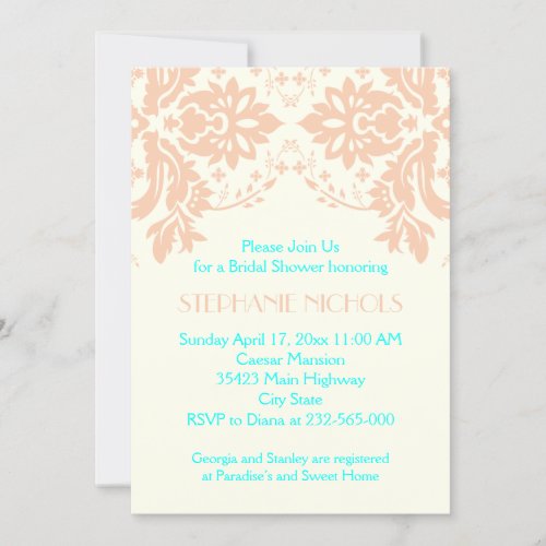 Damask peach aqua ivory wedding bridal shower invitation