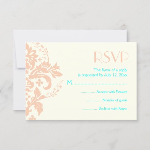 Damask peach aqua ivory wedding RSVP reply card