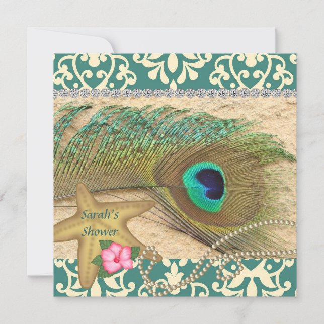 DAMASK PEACOCK BEACH BRIDAL  SHOWER INVITATION (Front)