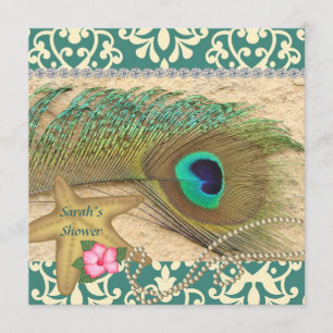 DAMASK PEACOCK BEACH BRIDAL SHOWER INVITATION