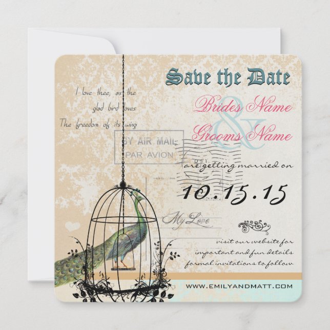 Damask Peacock Bird Cage Wedding Save the Date (Front)