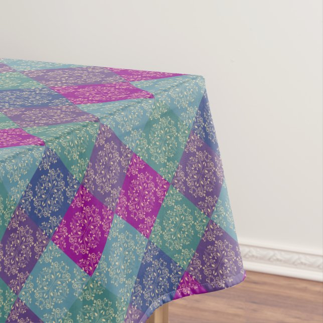 Damask Peacock Blocks Purple Teal Blue Tablecloth (In Situ)