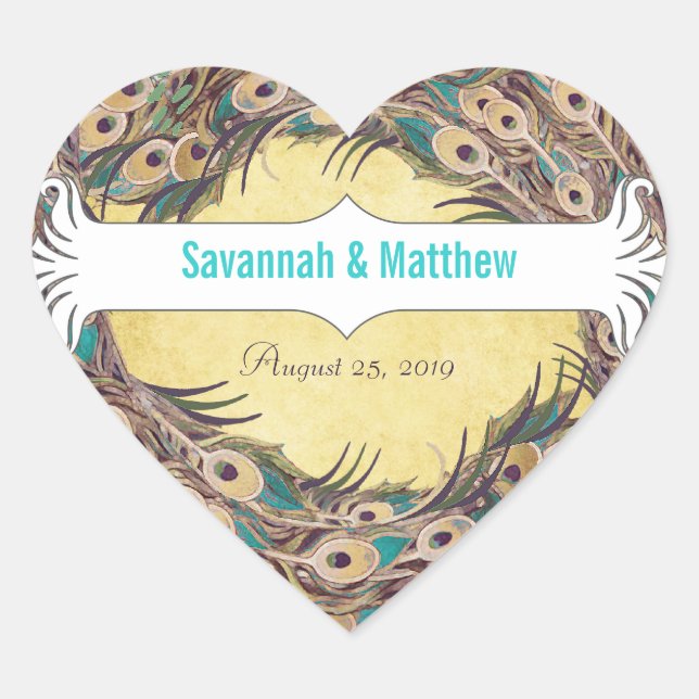 Damask Peacock Elegance Eggplant Gold and Aqua Heart Sticker (Front)
