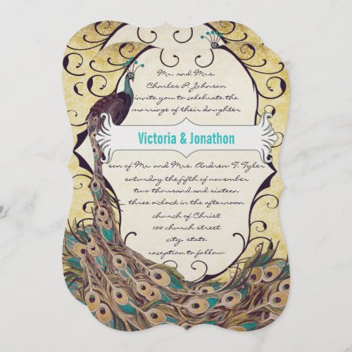 Damask Peacock Elegance Eggplant Gold and Aqua Invitation