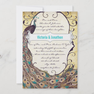 Damask Peacock Elegance Eggplant Gold and Aqua Invitation